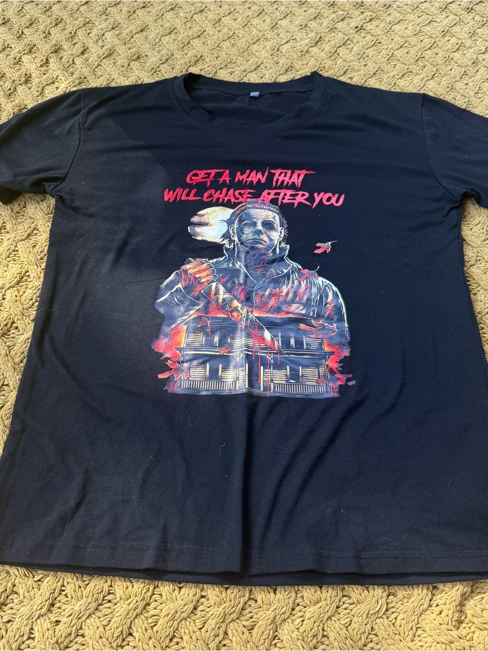 Black Graphic Short-Sleeve Tee with Red Horror Print Mike Myers